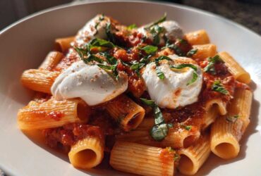 A bowl of Creamy Tomato Pasta with Burrata Cheese topped with fresh basil and spices.