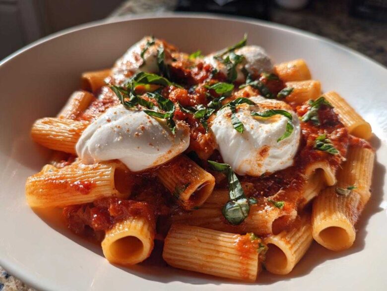 A bowl of Creamy Tomato Pasta with Burrata Cheese topped with fresh basil and spices.