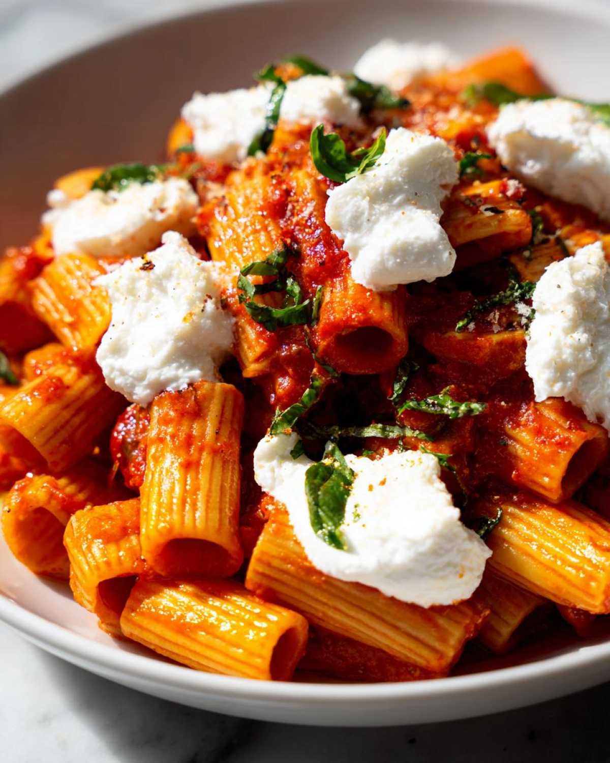 Close-up of rigatoni pasta coated in rich tomato sauce, topped with dollops of fresh burrata cheese and basil.