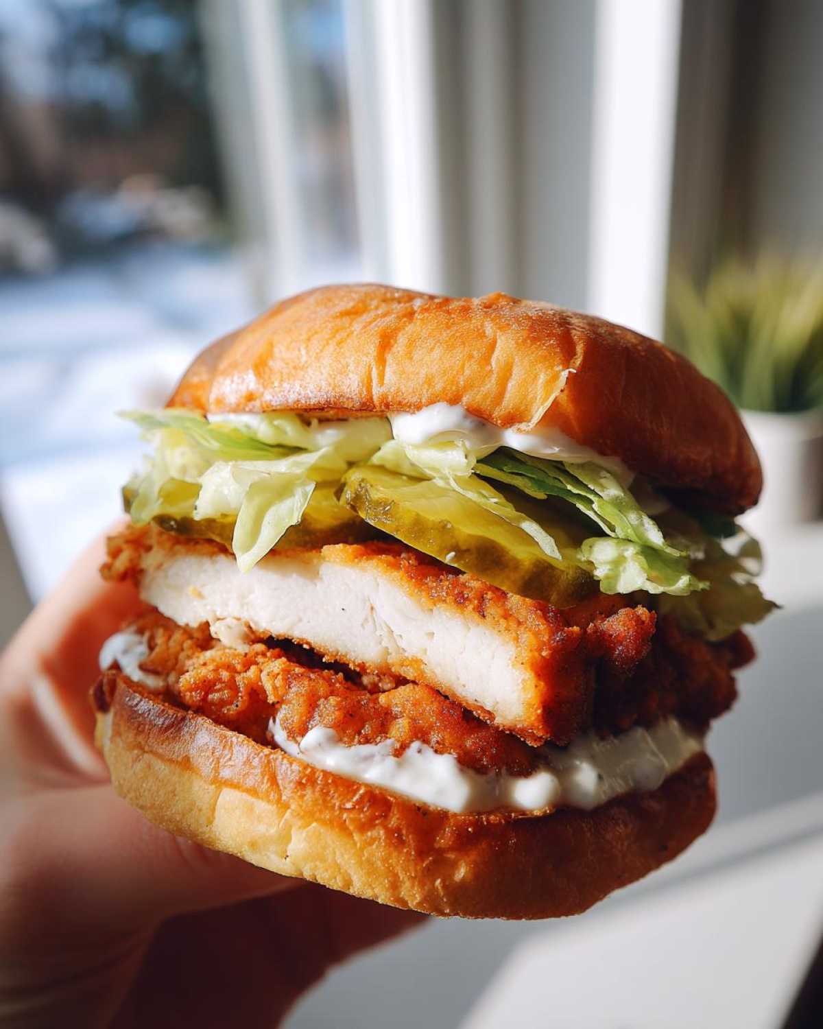 A hand holds a tall Crispy Chicken Burger with Garlic Mayo, featuring a thick fried chicken breast, pickles, lettuce, and a brioche bun.