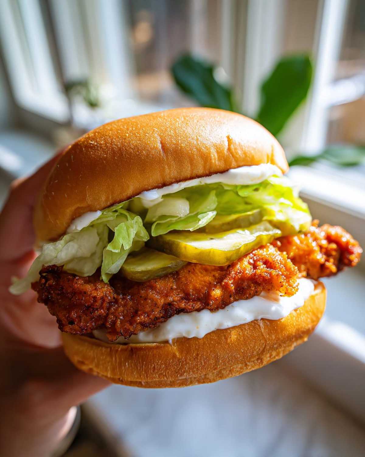 A hand holds up a perfectly assembled Crispy Chicken Burger with Garlic Mayo, lettuce, and pickles on a brioche bun.