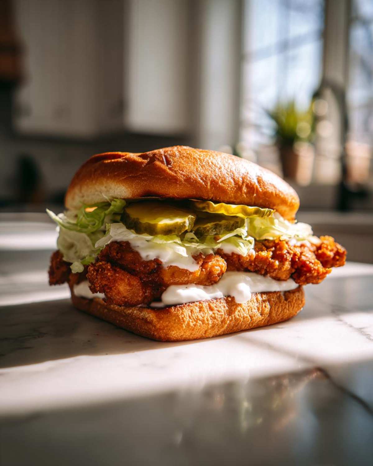 A tall, homemade Crispy Chicken Burger with Garlic Mayo, lettuce, and pickles on a toasted bun, sitting on a marble counter.