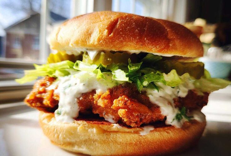 A close-up of a Crispy Chicken Burger with Garlic Mayo, featuring a golden fried patty, lettuce, pickles, and creamy sauce on a toasted bun.