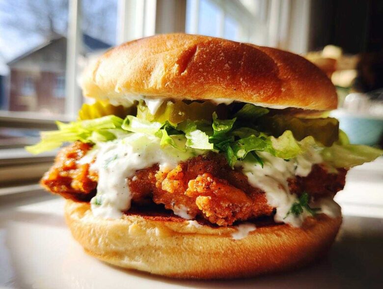 A close-up of a Crispy Chicken Burger with Garlic Mayo, featuring a golden fried patty, lettuce, pickles, and creamy sauce on a toasted bun.