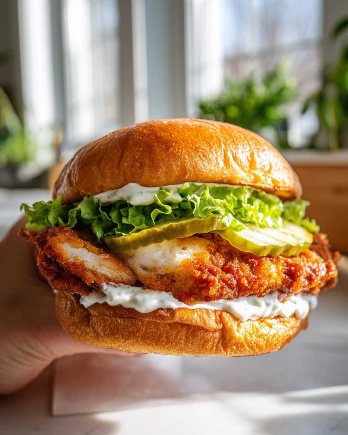 A hand holding a delicious Crispy Chicken Burger with Garlic Mayo, lettuce, and pickles on a brioche bun.