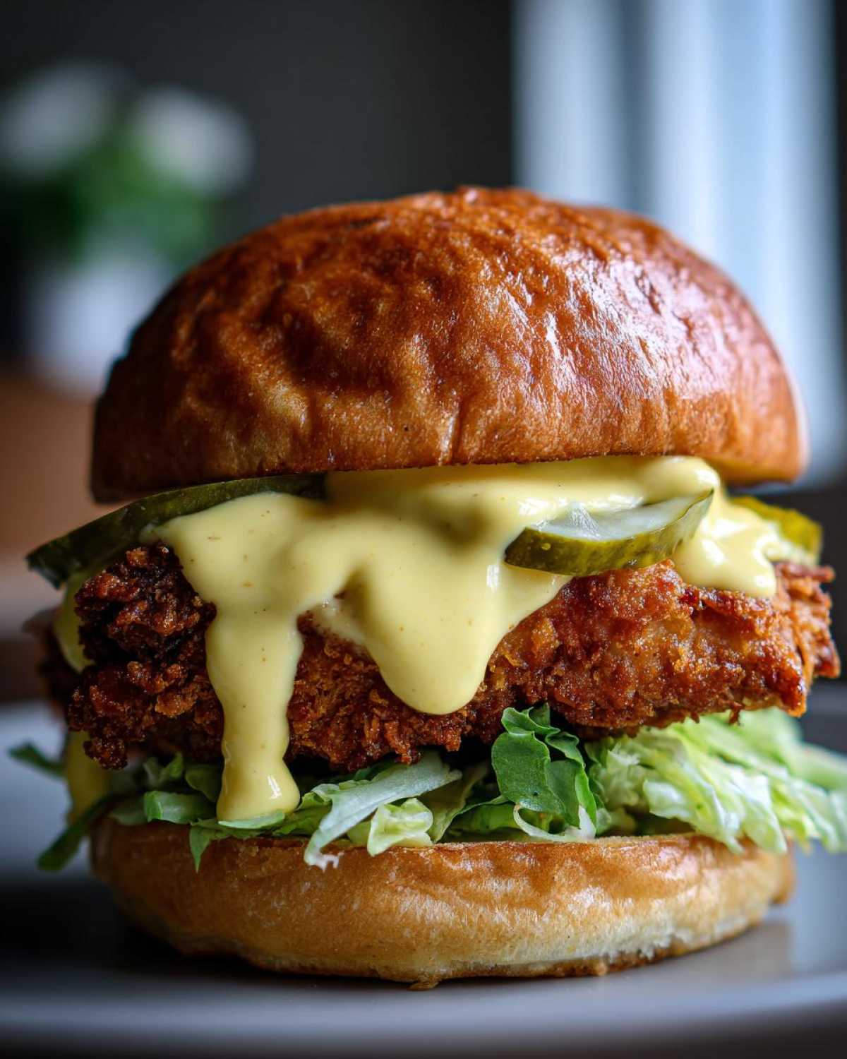 A tall, juicy Crispy Chicken Burger featuring a thick fried patty, dripping honey mustard sauce, pickles, and lettuce on a brioche bun.