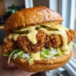 A close-up of a juicy Crispy Chicken Burger with Honey Mustard Sauce dripping over the crunchy fillet, pickles, and lettuce.