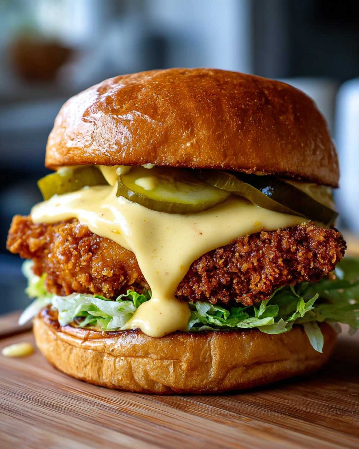 A juicy Crispy Chicken Burger with honey mustard sauce dripping over a fried patty, pickles, and lettuce on a brioche bun.