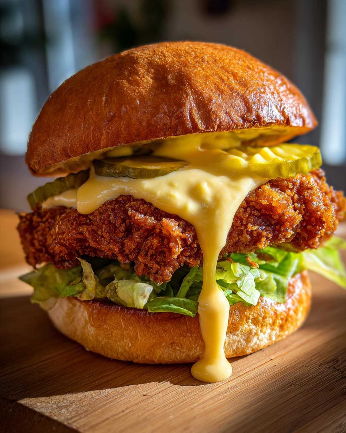 Close-up of a Crispy Chicken Burger with Honey Mustard Sauce dripping down the side onto a wooden board.