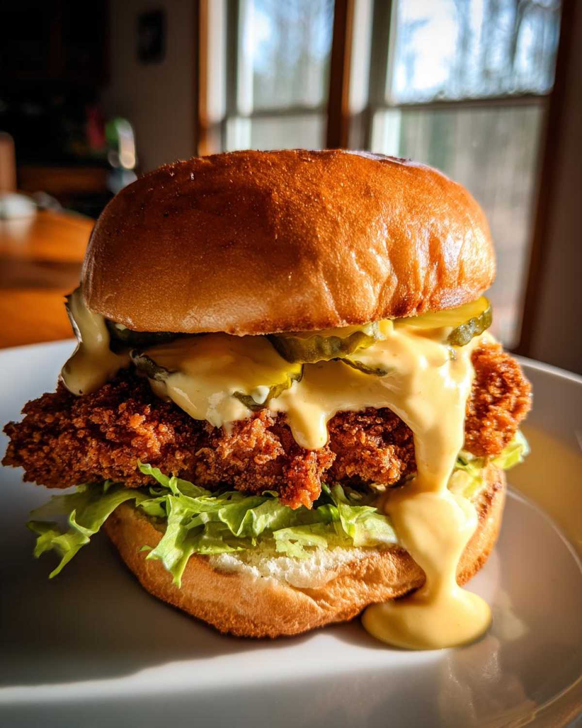 Close-up of a Crispy Chicken Burger with Honey Mustard Sauce dripping over the fried chicken patty and pickles.