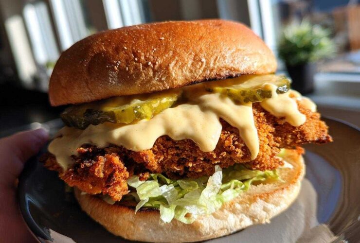 A close-up of a perfectly assembled Crispy Chicken Burger with Honey Mustard Sauce dripping over the fried patty and pickles.
