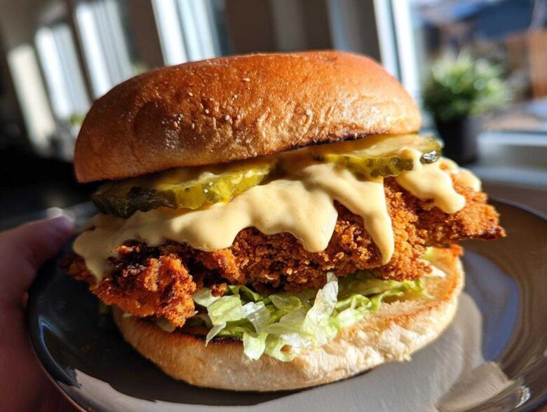 A close-up of a perfectly assembled Crispy Chicken Burger with Honey Mustard Sauce dripping over the fried patty and pickles.