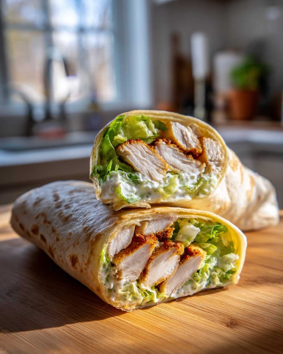 Two halves of a Crispy Chicken Caesar Wrap with Parmesan, showing crispy chicken, lettuce, and creamy dressing inside a tortilla.