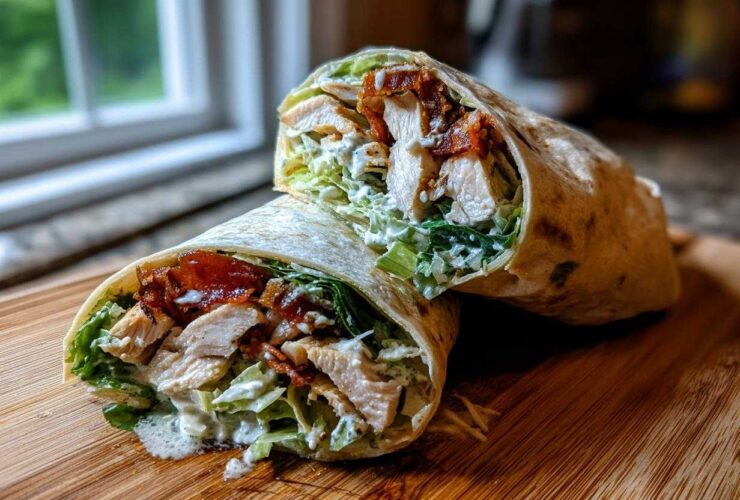 Cross-section of a Crispy Chicken Caesar Wrap showing chicken, lettuce, and creamy dressing on a wooden cutting board.