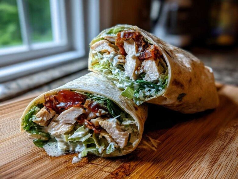 Cross-section of a Crispy Chicken Caesar Wrap showing chicken, lettuce, and creamy dressing on a wooden cutting board.