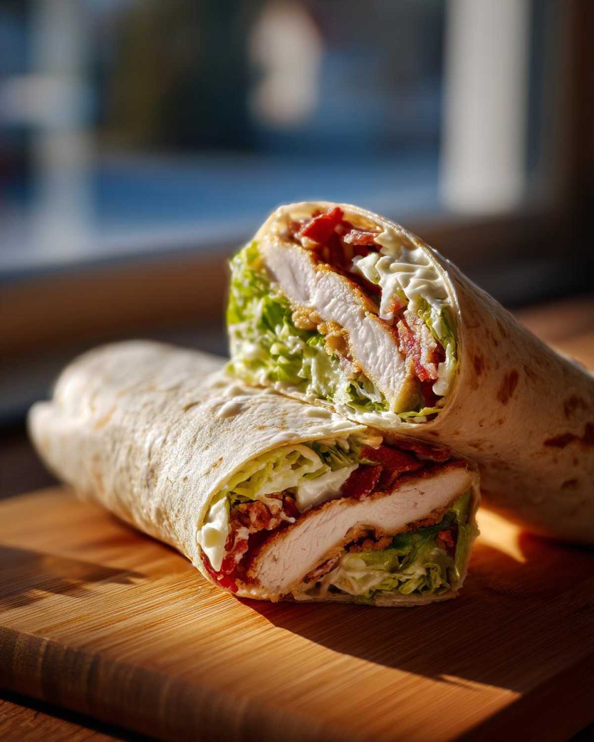 Two halves of a Crispy Chicken Caesar Wrap cut on a wooden board, showing crispy chicken, lettuce, and dressing.