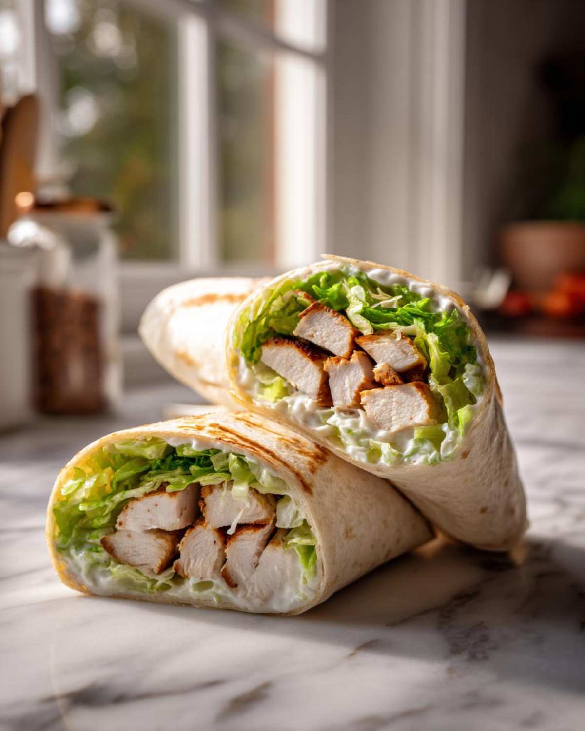 Two halves of a Crispy Chicken Caesar Wrap with Parmesan, showing crispy chicken pieces, romaine lettuce, and creamy dressing inside a tortilla.