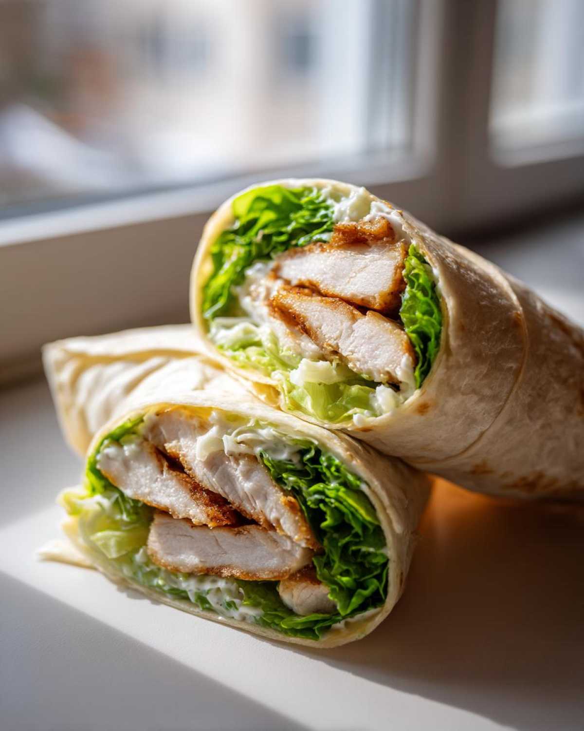 Two halves of a Crispy Chicken Caesar Wrap showing layers of crispy chicken, romaine lettuce, and creamy Caesar dressing.
