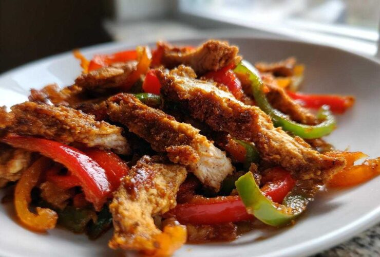 Close-up of crispy chicken fajitas strips mixed with sautéed red, green, and orange peppers on a white plate.