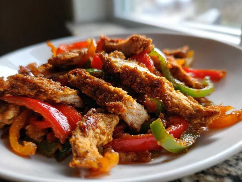 Close-up of crispy chicken fajitas strips mixed with sautéed red, green, and orange peppers on a white plate.