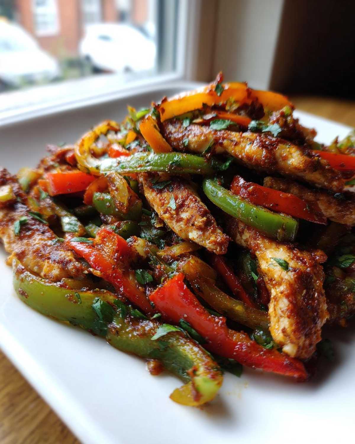 Close-up of seasoned chicken strips mixed with sautéed red and green peppers, perfect for Crispy Chicken Fajitas.