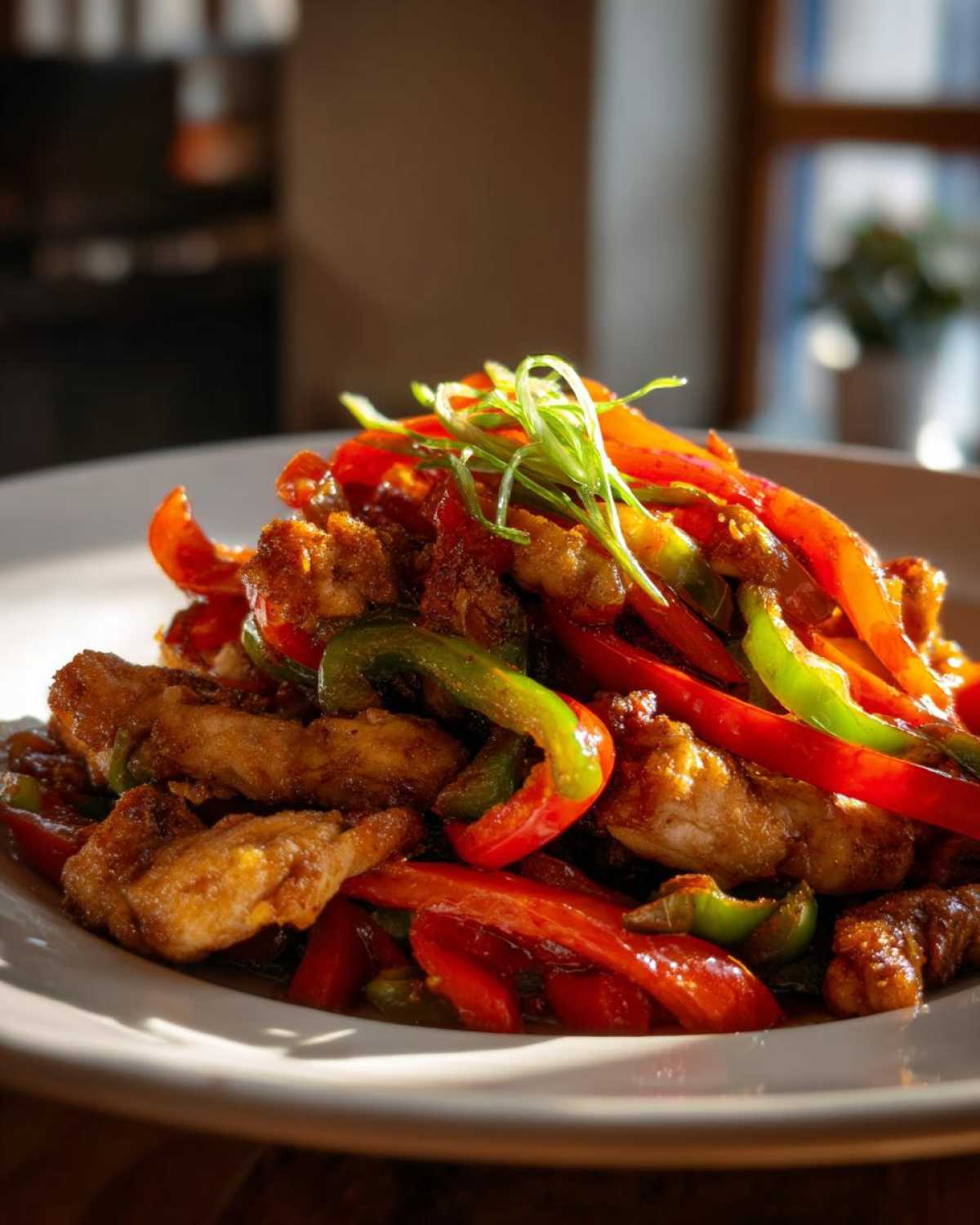 Close-up of crispy chicken fajitas mixed with vibrant red and green sautéed peppers, garnished with green onions.