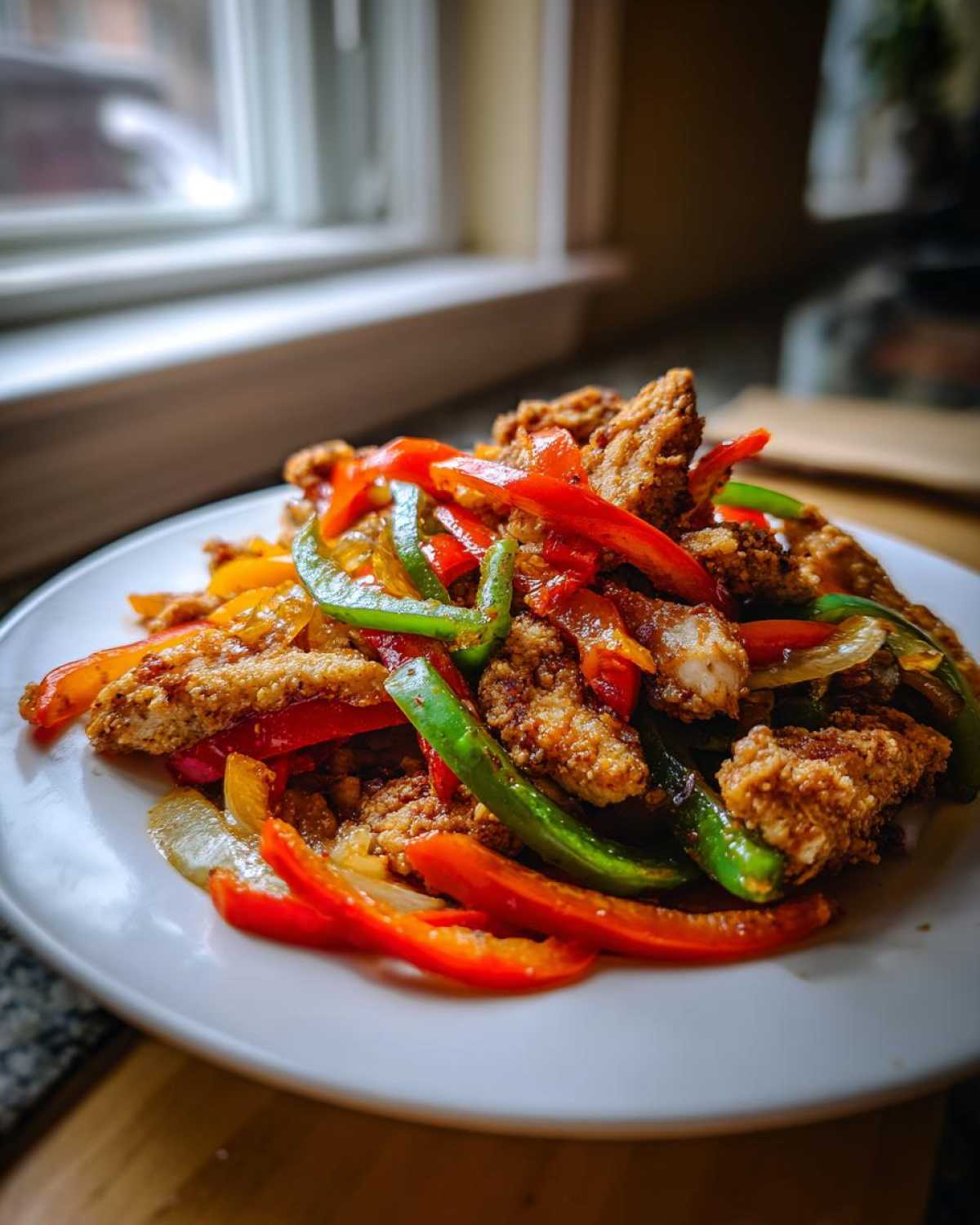 Close-up of Crispy Chicken Fajitas with Sautéed Peppers, featuring breaded chicken strips mixed with vibrant red, green, and yellow bell peppers.