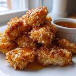 A pile of golden brown Crispy Chicken Nuggets with Honey Dip drizzled over them, served on a white plate.