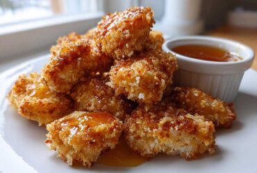 A pile of golden brown Crispy Chicken Nuggets with Honey Dip drizzled over them, served on a white plate.