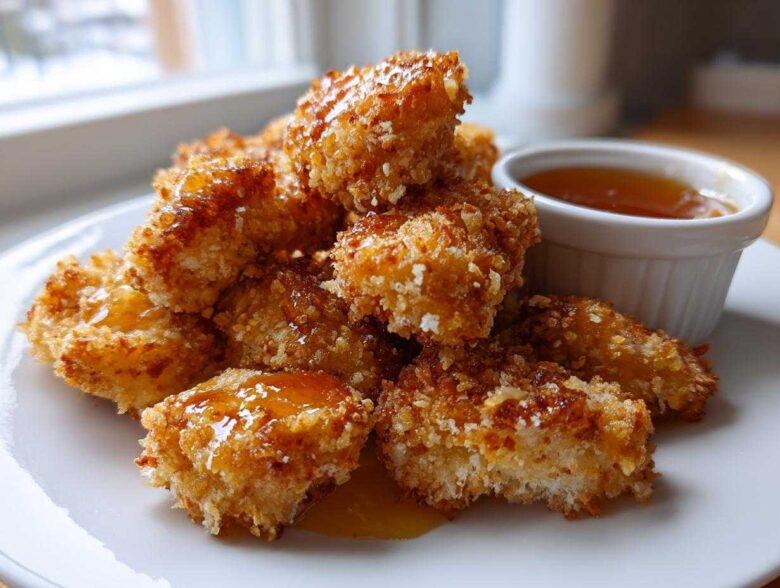 A pile of golden brown Crispy Chicken Nuggets with Honey Dip drizzled over them, served on a white plate.