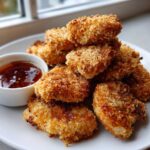 A pile of golden brown, crispy chicken nuggets served with a small bowl of sweet and spicy honey dip.