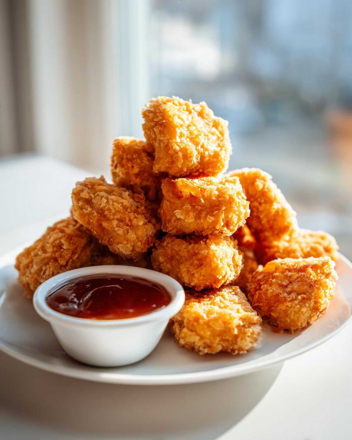 A stack of golden brown Crispy Chicken Nuggets with Honey Dip served on a white plate.