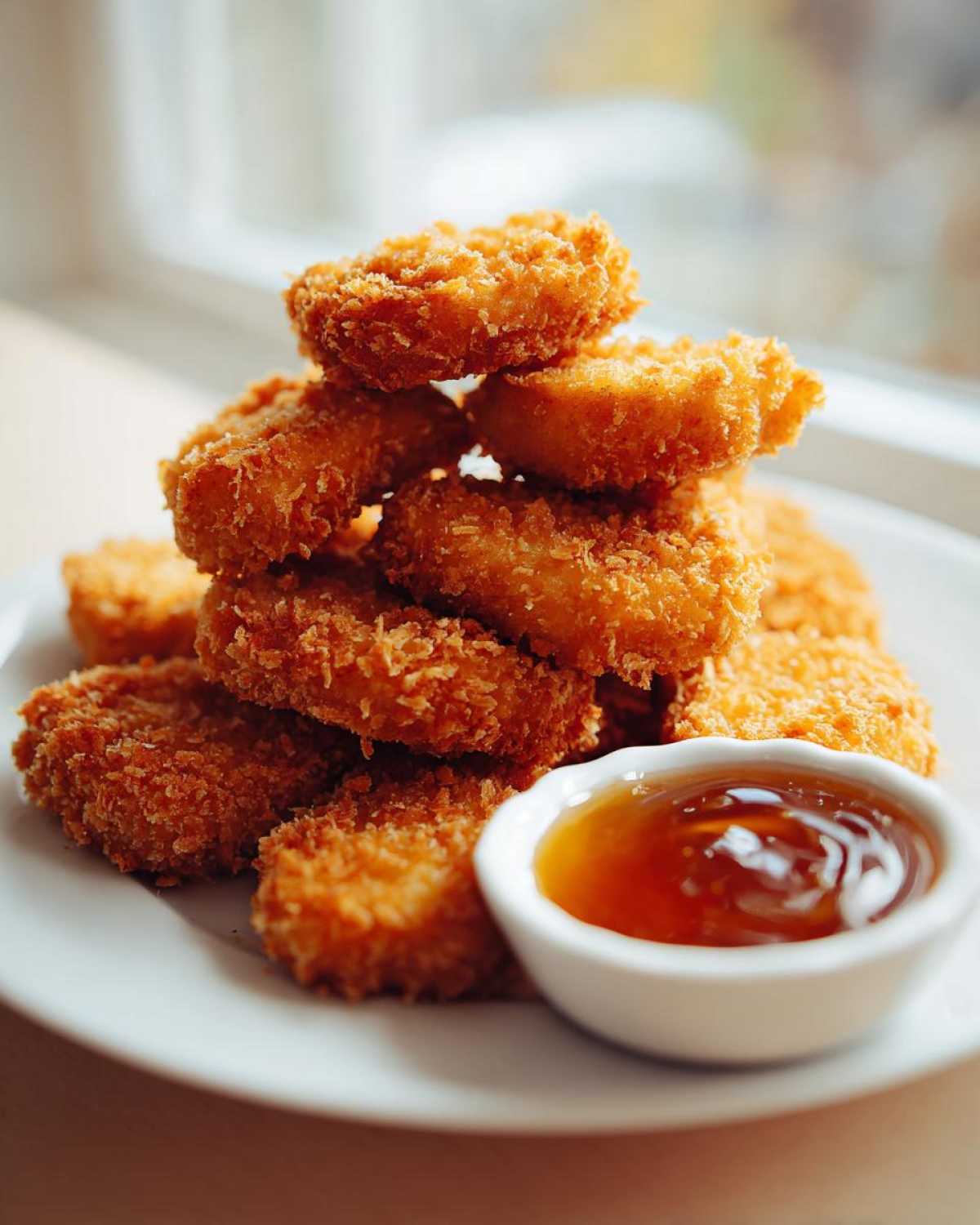 A tall stack of golden brown, crispy chicken nuggets served with a small bowl of honey dip sauce.