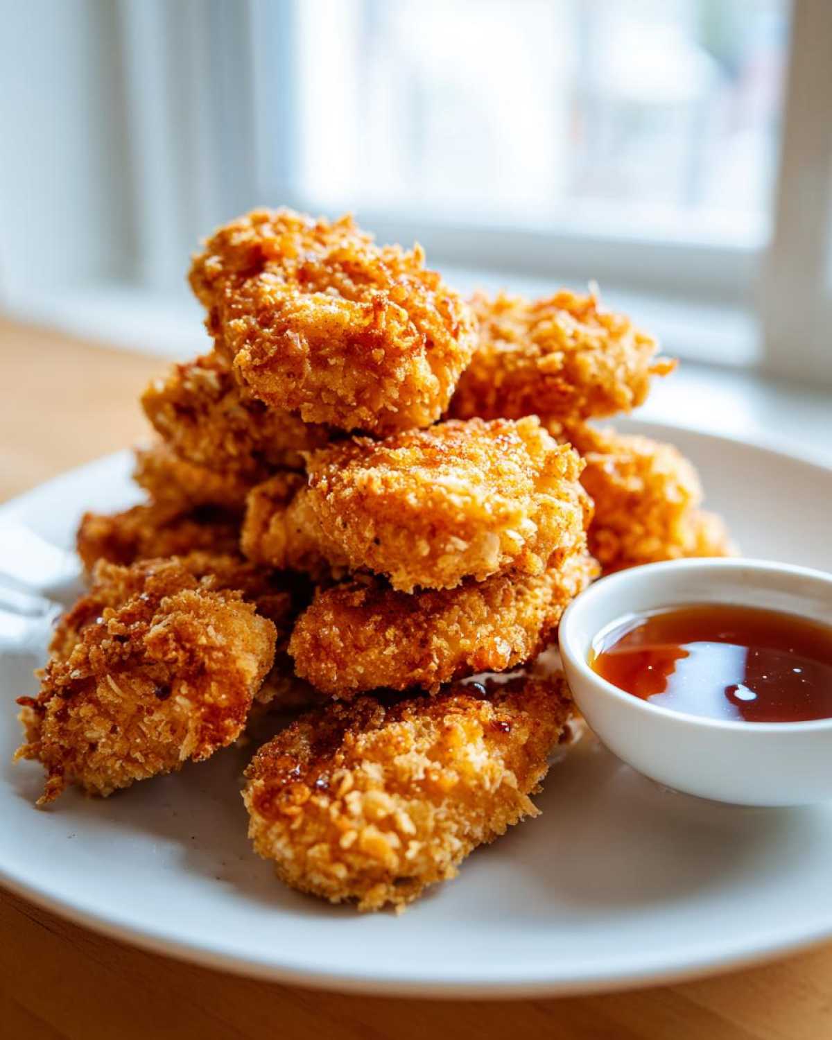 A stack of golden brown Crispy Chicken Nuggets with Honey Dip served on a white plate.