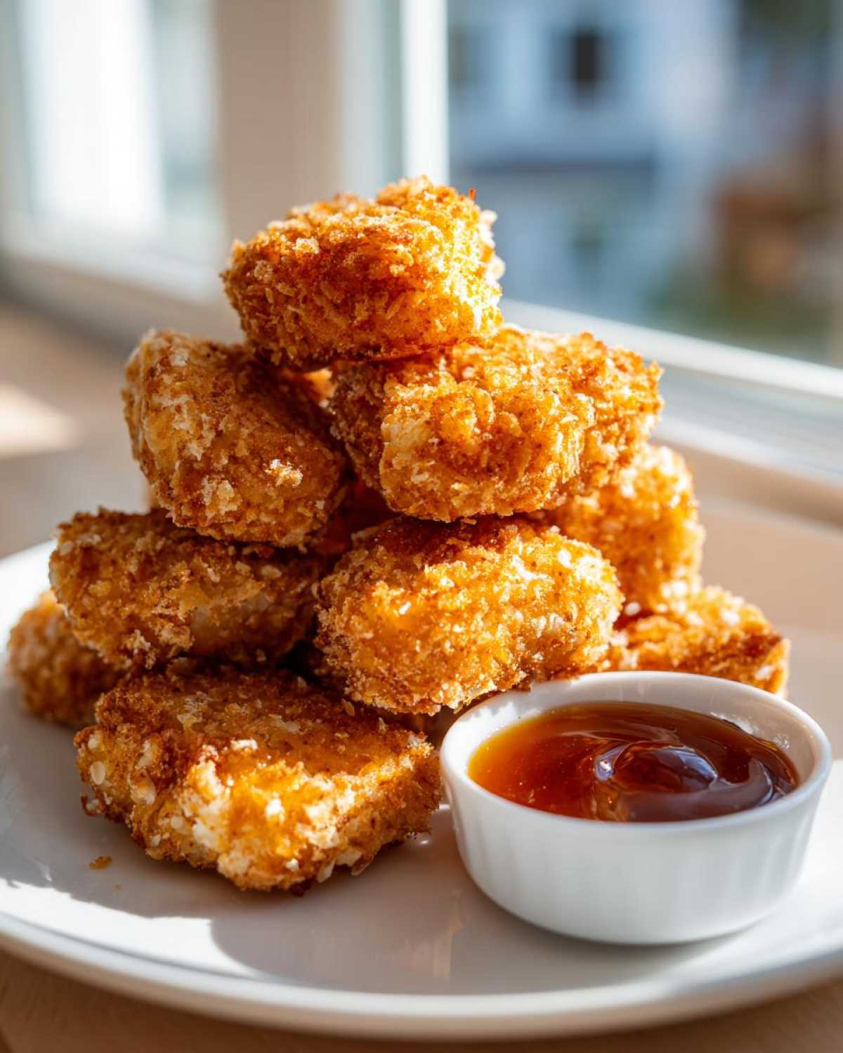 A stack of golden brown Crispy Chicken Nuggets with Honey Dip served on a white plate near a bright window.