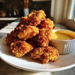 A mound of golden brown, crispy chicken nuggets served on a white plate next to a small bowl of honey mustard dip.