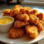 A plate piled high with golden brown, crispy chicken nuggets served alongside a small white ramekin of bright yellow honey mustard dip.