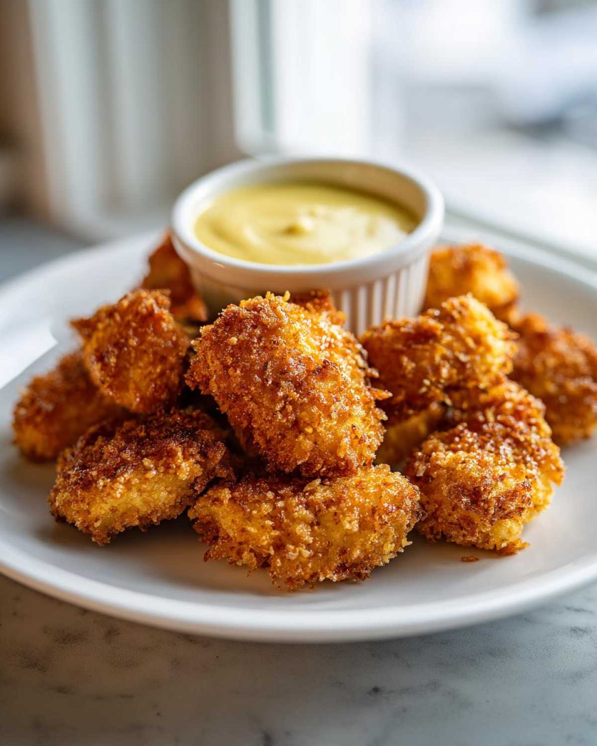 A pile of golden brown, crispy chicken nuggets served with a small ramekin of bright yellow honey mustard dip.