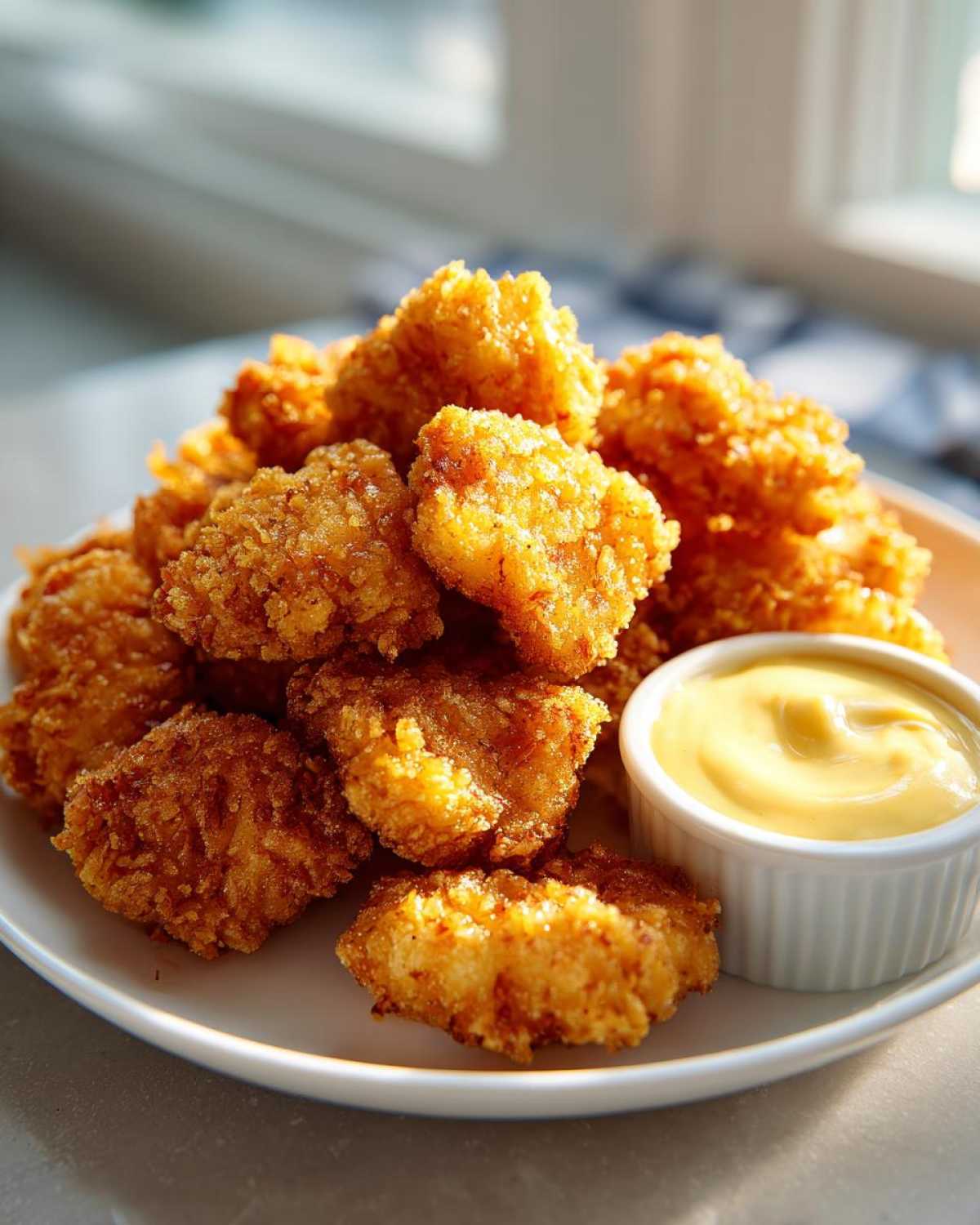 A pile of golden, crispy chicken nuggets served with a small ramekin of creamy honey mustard dip.