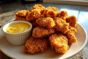 A plate piled high with golden brown, crispy chicken nuggets served alongside a small white ramekin of bright yellow honey mustard dip.