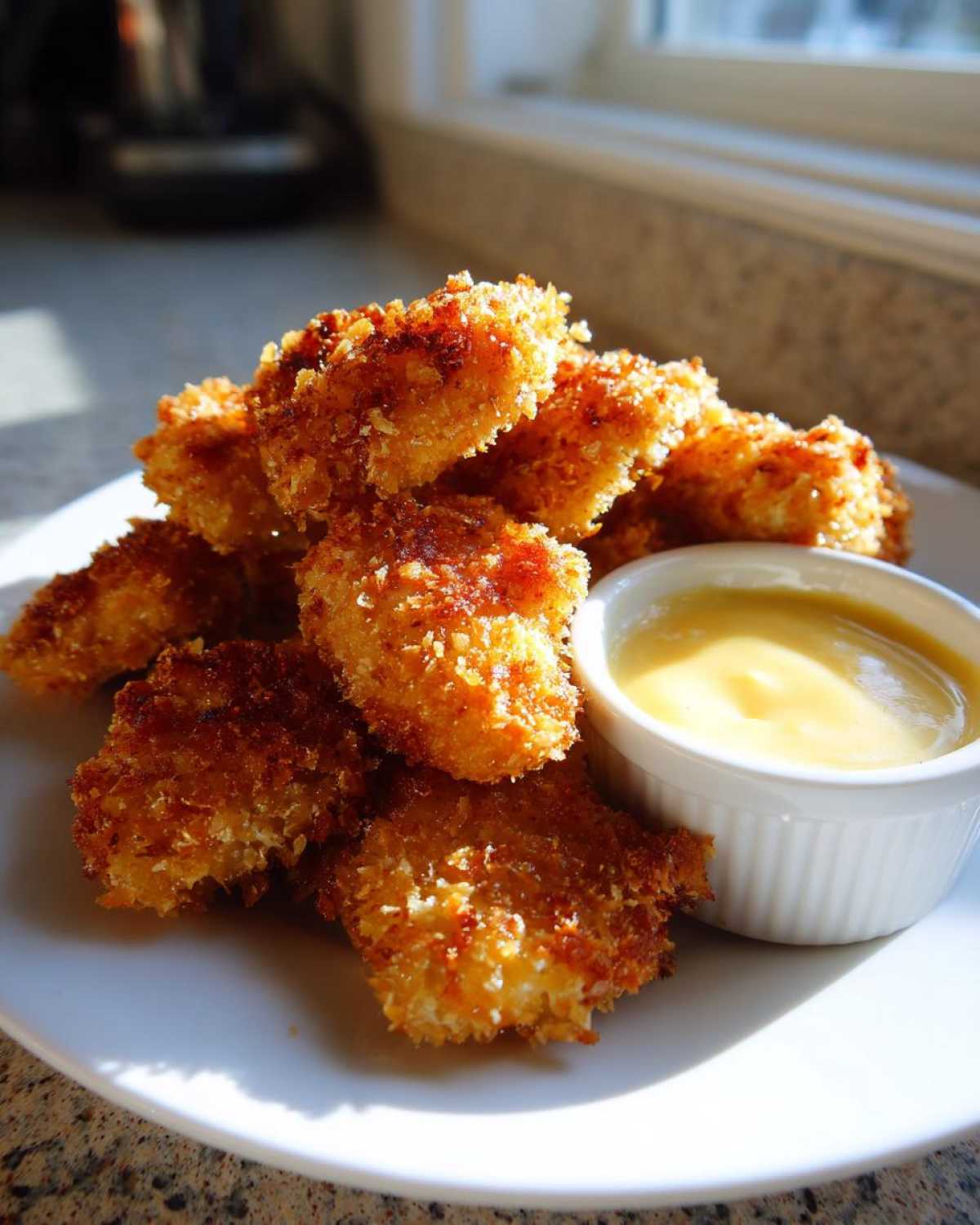 A pile of golden brown, crispy chicken nuggets served with a small white ramekin of honey mustard dip.