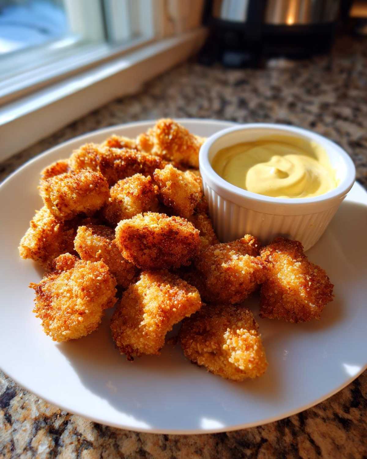 A plate of golden brown Crispy Chicken Nuggets served with a side of bright yellow honey mustard dip.