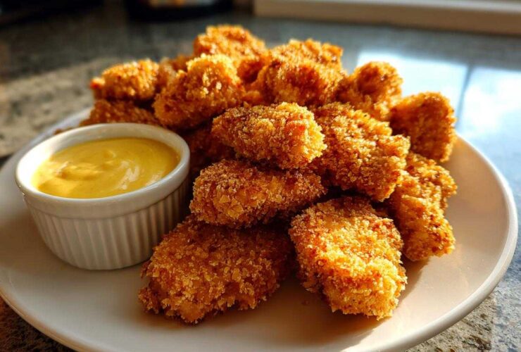A plate piled high with golden brown, crispy chicken nuggets served alongside a small white ramekin of bright yellow honey mustard dip.