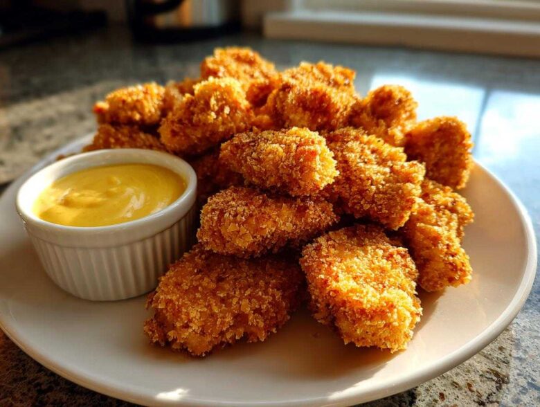 A plate piled high with golden brown, crispy chicken nuggets served alongside a small white ramekin of bright yellow honey mustard dip.