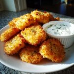 A pile of golden brown, crispy chicken nuggets served with a small white bowl of ranch dip.