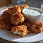 A plate of golden brown, crispy chicken nuggets served with a side of creamy ranch dip.