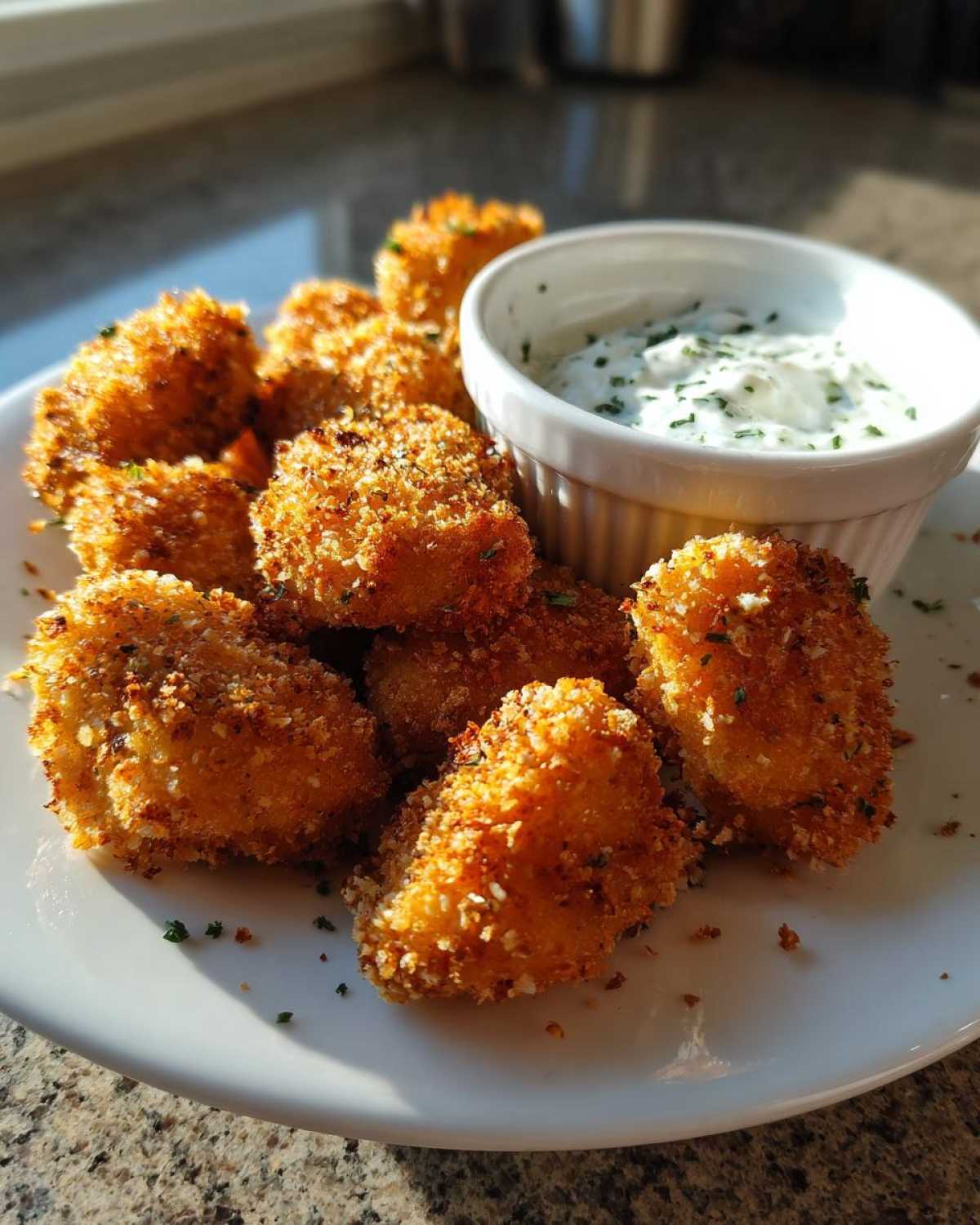 A plate of golden brown, crispy chicken nuggets served with a side of creamy ranch dip.