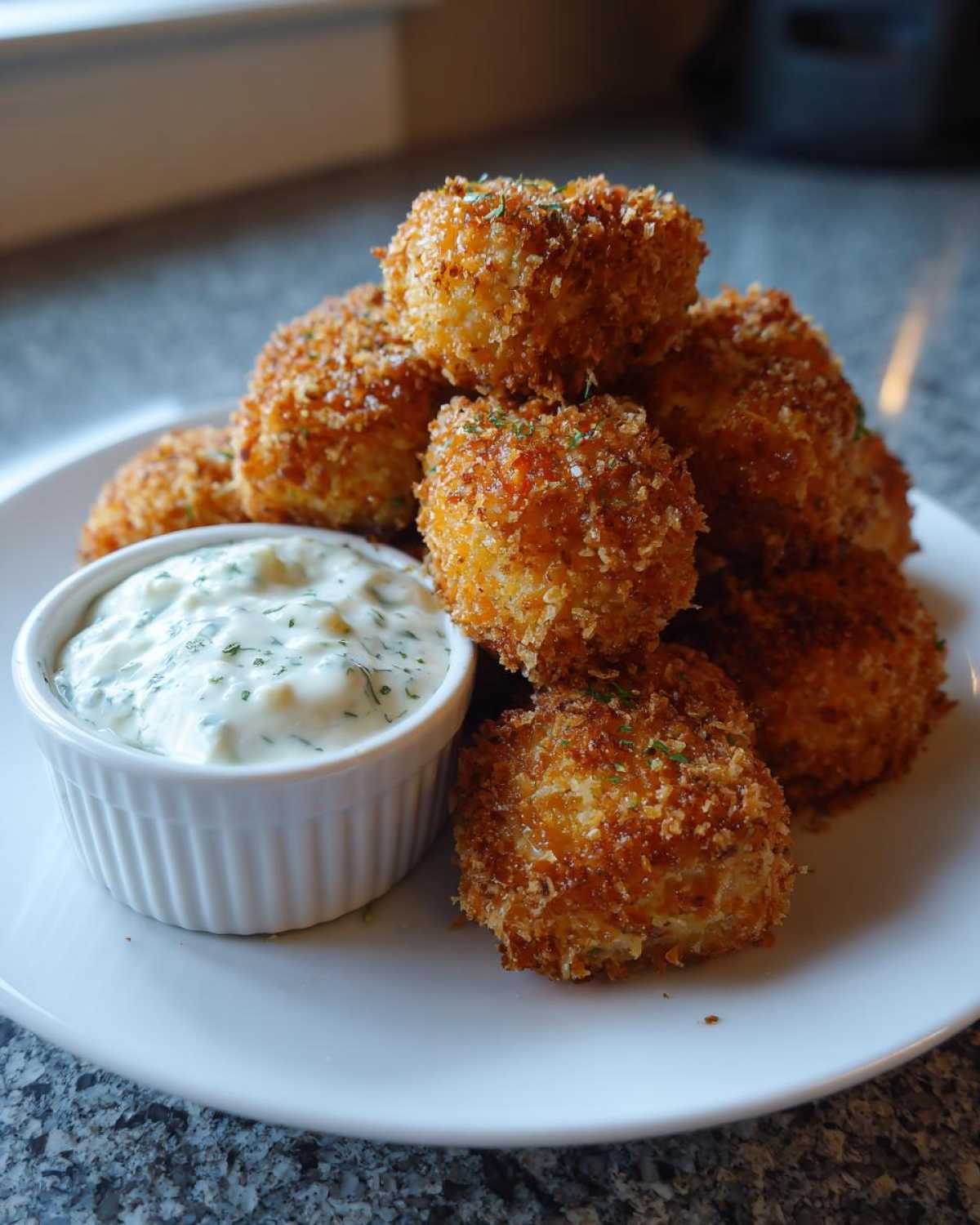 A pile of golden brown, crispy chicken nuggets served with a side of homemade ranch dip.