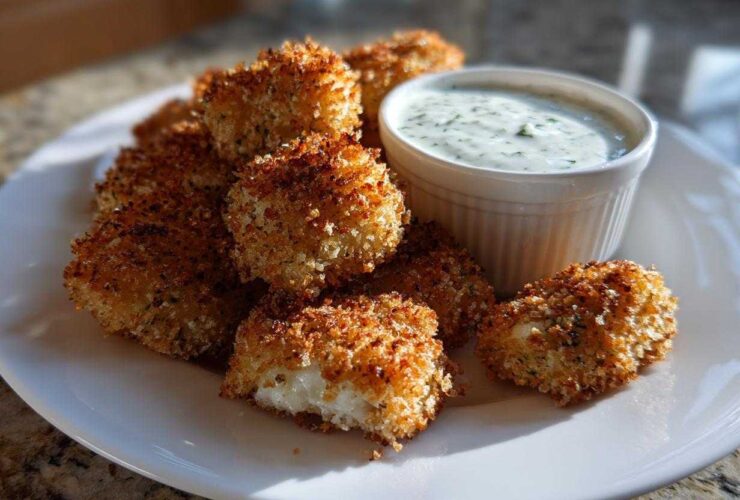 A plate of golden brown, crispy chicken nuggets served with a side of creamy ranch dip.