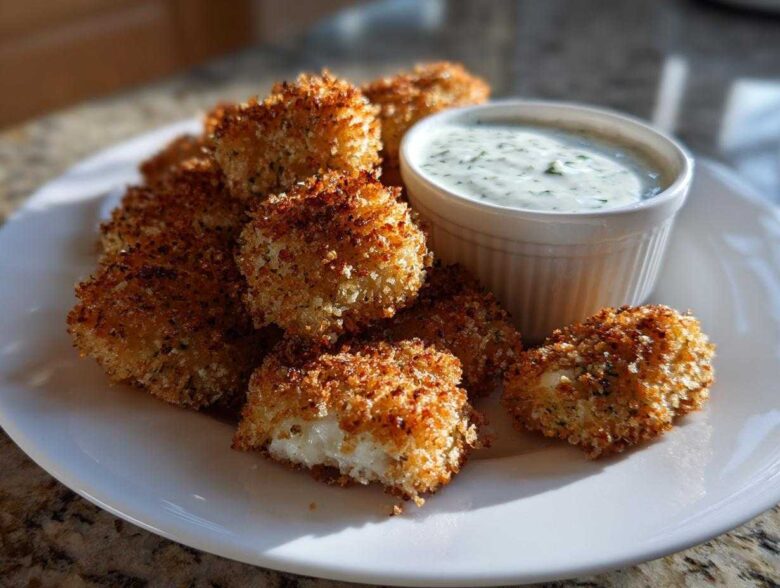 A plate of golden brown, crispy chicken nuggets served with a side of creamy ranch dip.